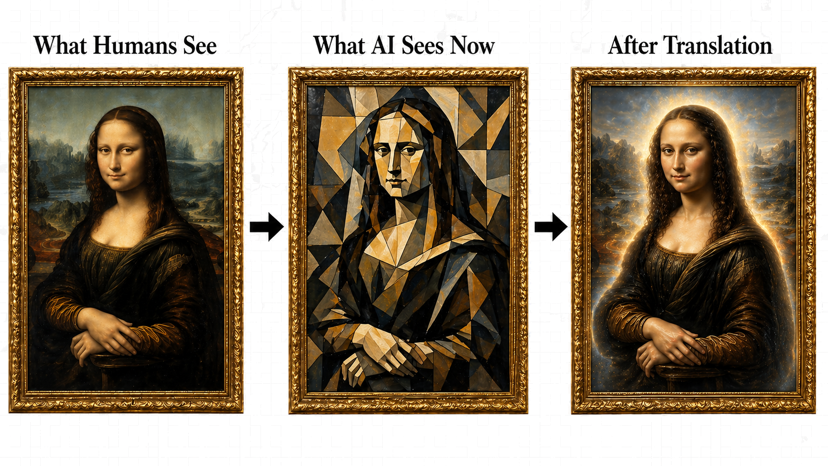 Mona Lisa rendered fully grounded after GEOlocus.ai translation: ingested in full, with reasoning budget to spare. Illustrates the translation layer GEOlocus.ai delivers between human-authored content and AI ingestion.